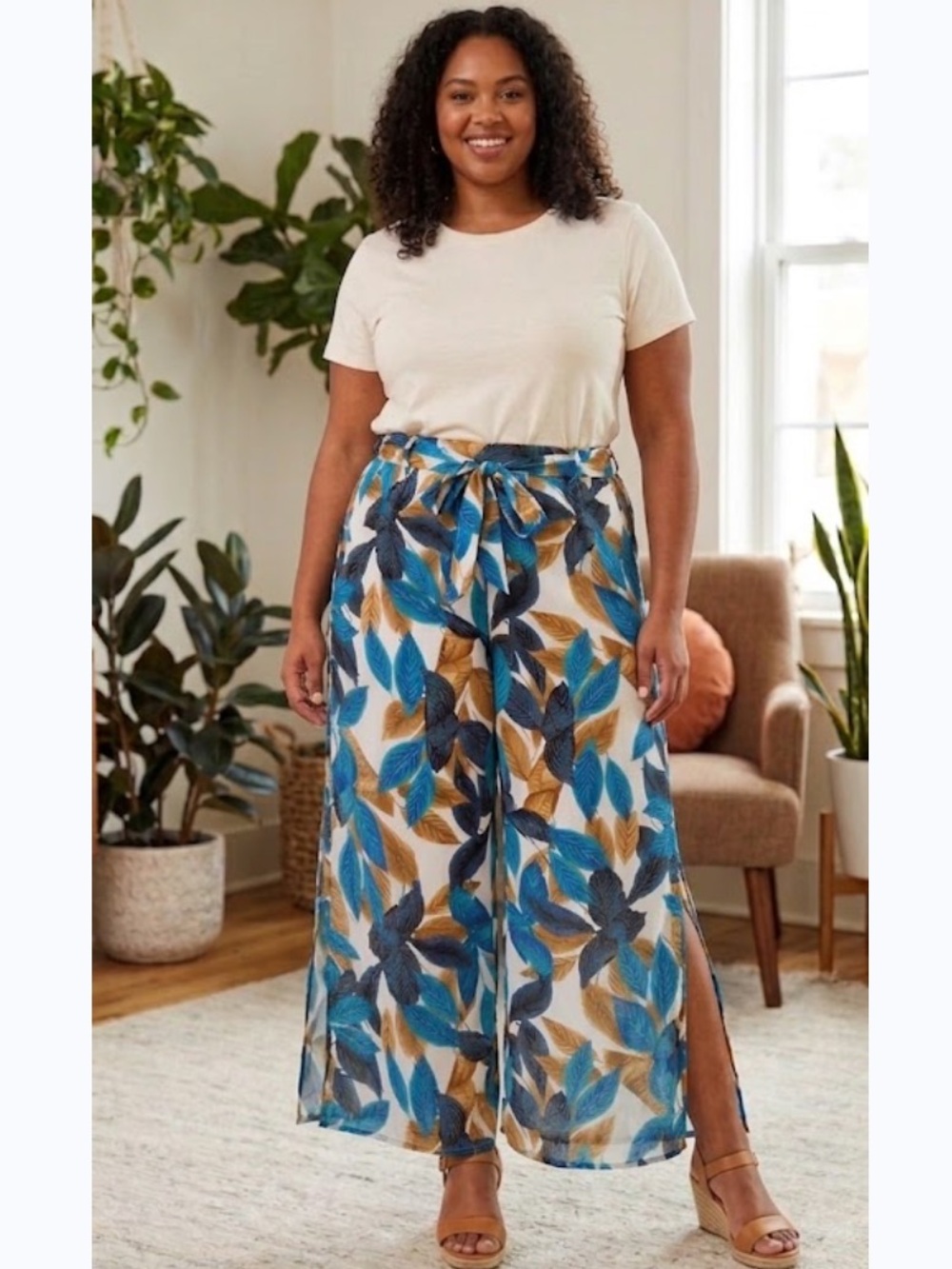 GGO Plus Blue Leaf-Print Wide Leg Pants with Tie Waist